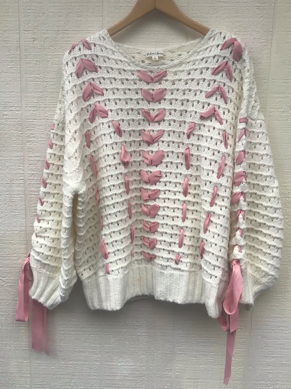 For Love and Lemons Laurel knit oversized cream sweater pink satin bows